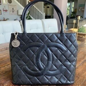 Chanel Caviar Quilted Leather CC Silver Medallion Tote